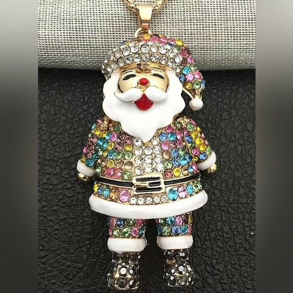 NWT Santa Claus Multi Color Rhinestone Pendant Necklace With Gold Chain - Picture 3 of 8